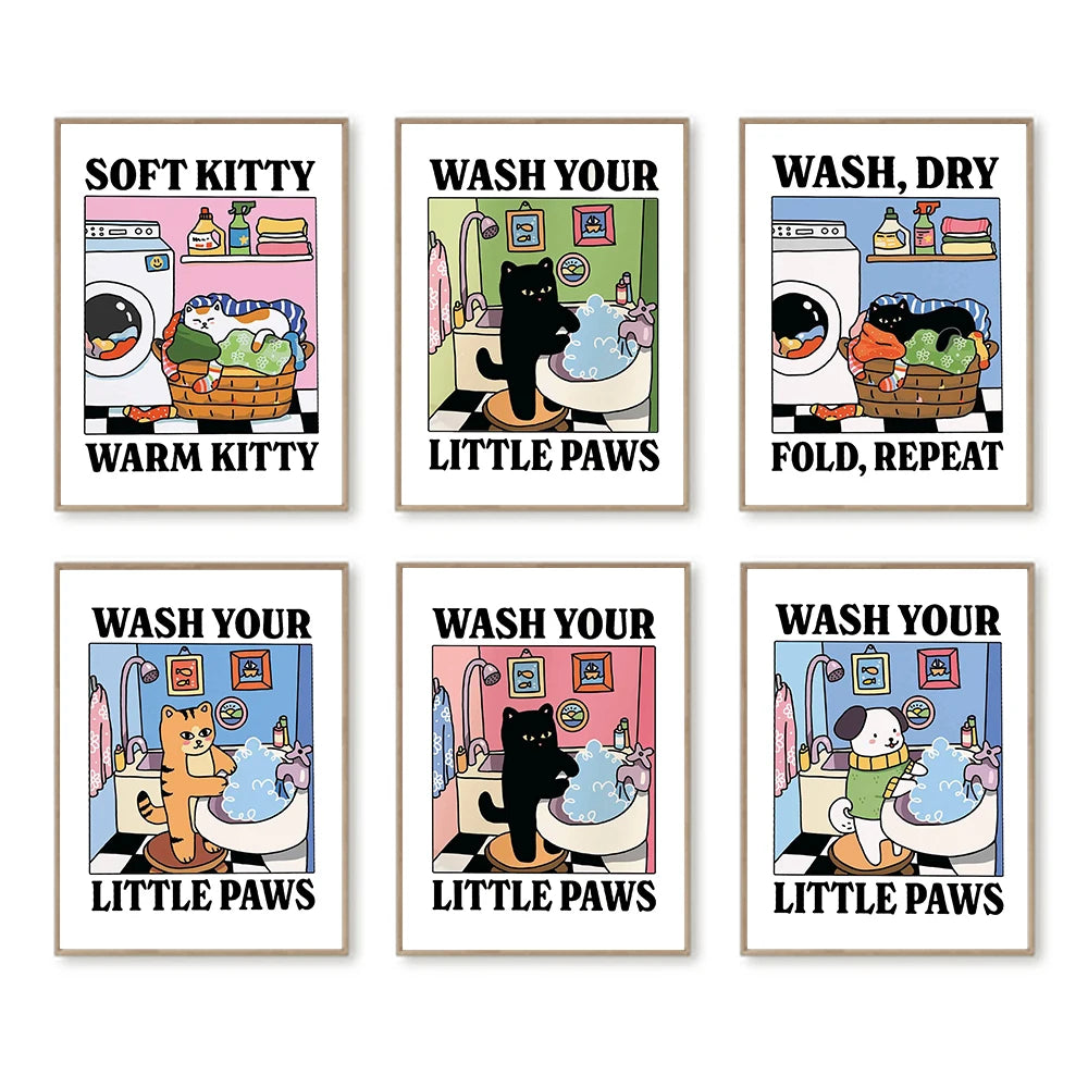 Cute & Adorable Wash Your Paws Kitty Wall Art Poster Decor for Living Room (Home)