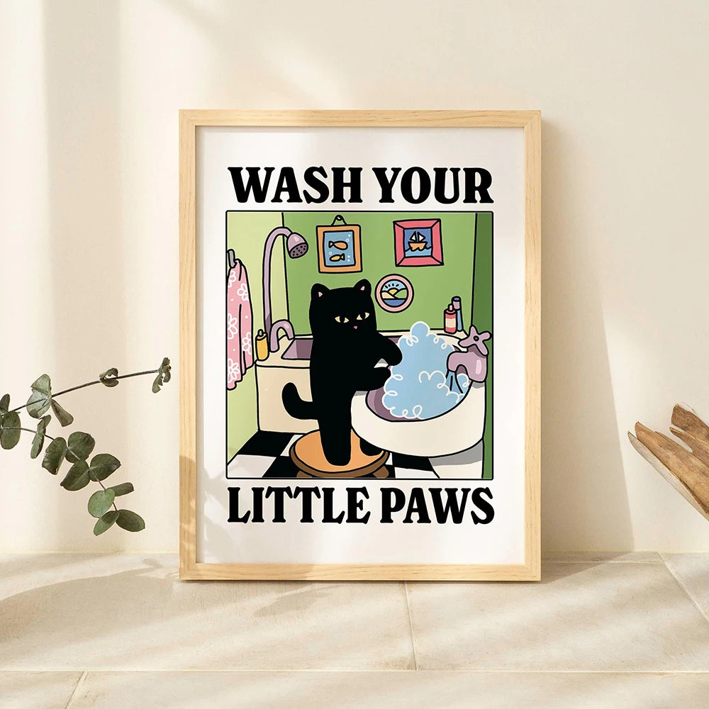 Cute & Adorable Wash Your Paws Kitty Wall Art Poster Decor for Living Room (Home)