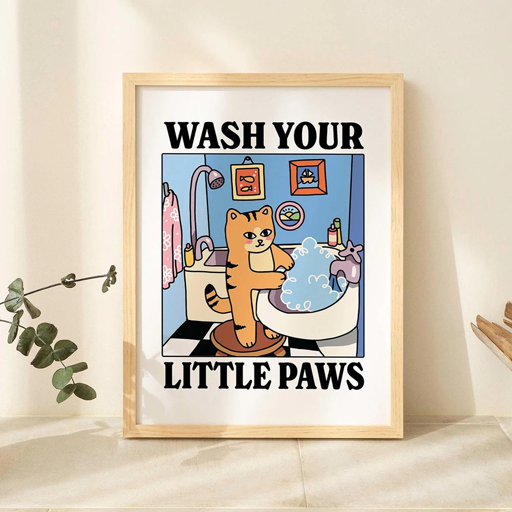 Cute & Adorable Wash Your Paws Kitty Wall Art Poster Decor for Living Room (Home)